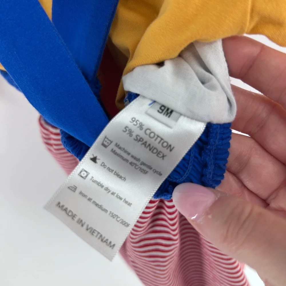 9 month 1 - Busy Bee Smocks Blue & Mustard Truck‎ Appliqué Striped Overalls